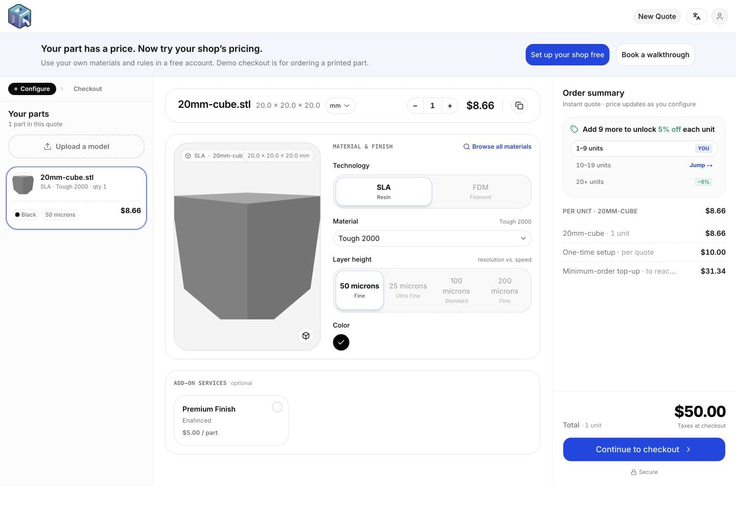 Customer Widget showing a 3D model, Material controls, and the Part price
