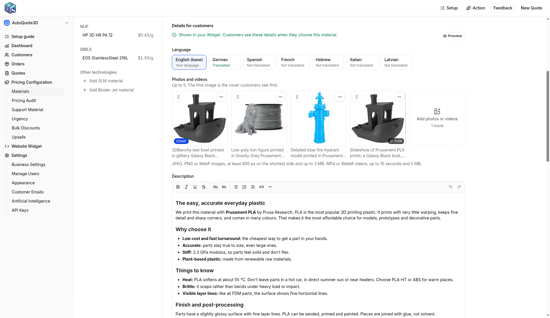 Materials page Details for customers editor, with a description, photos, and videos