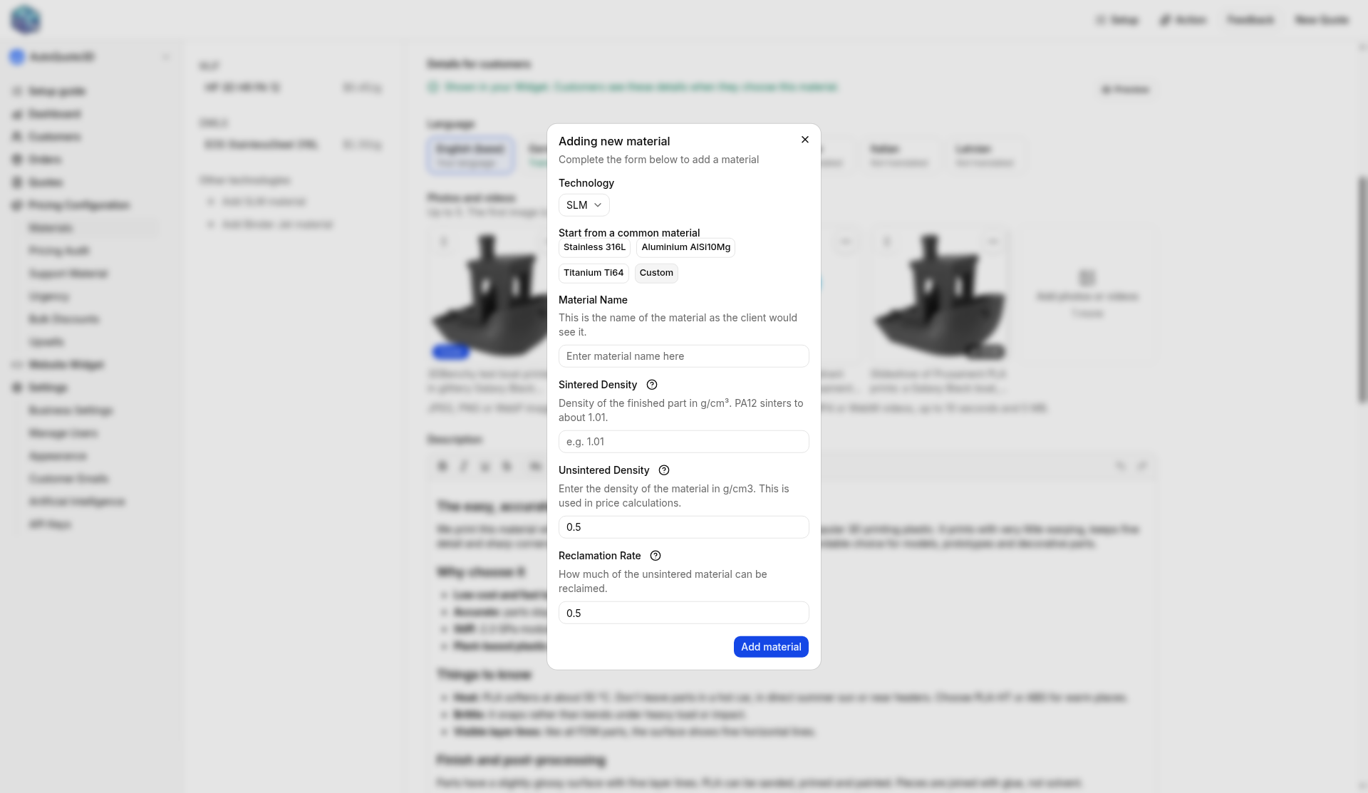 Add material dialog with SLM selected and a list of material profiles