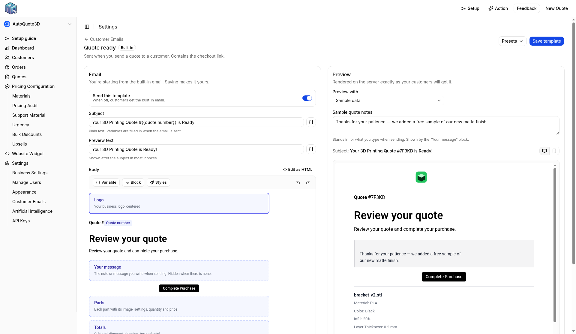 Customer email designer with a visual layout and a live preview of a quote email