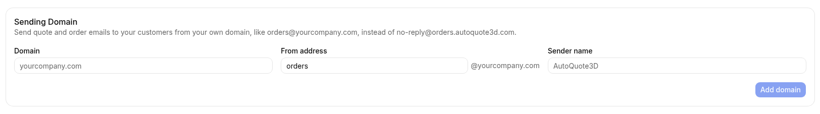 Sending Domain card with the DNS records to add for customer email