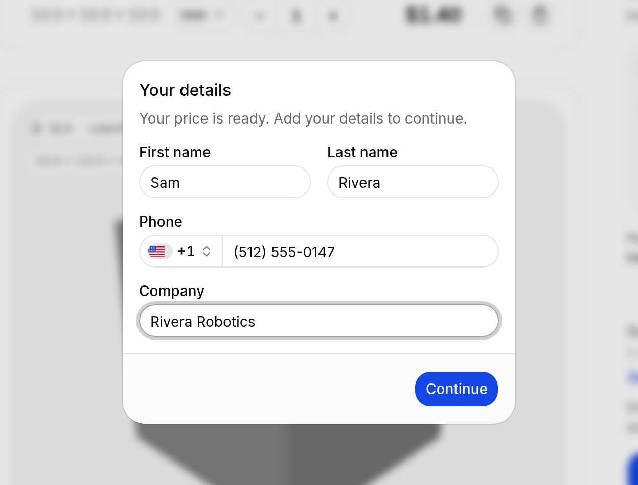 The widget's Your details form asking for first name, last name, phone with a country picker, and company